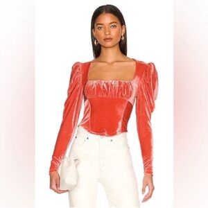 Free People X Revolve Hold Me Velvet Top Sz S Crush Blush (coral) Puff Sleeves